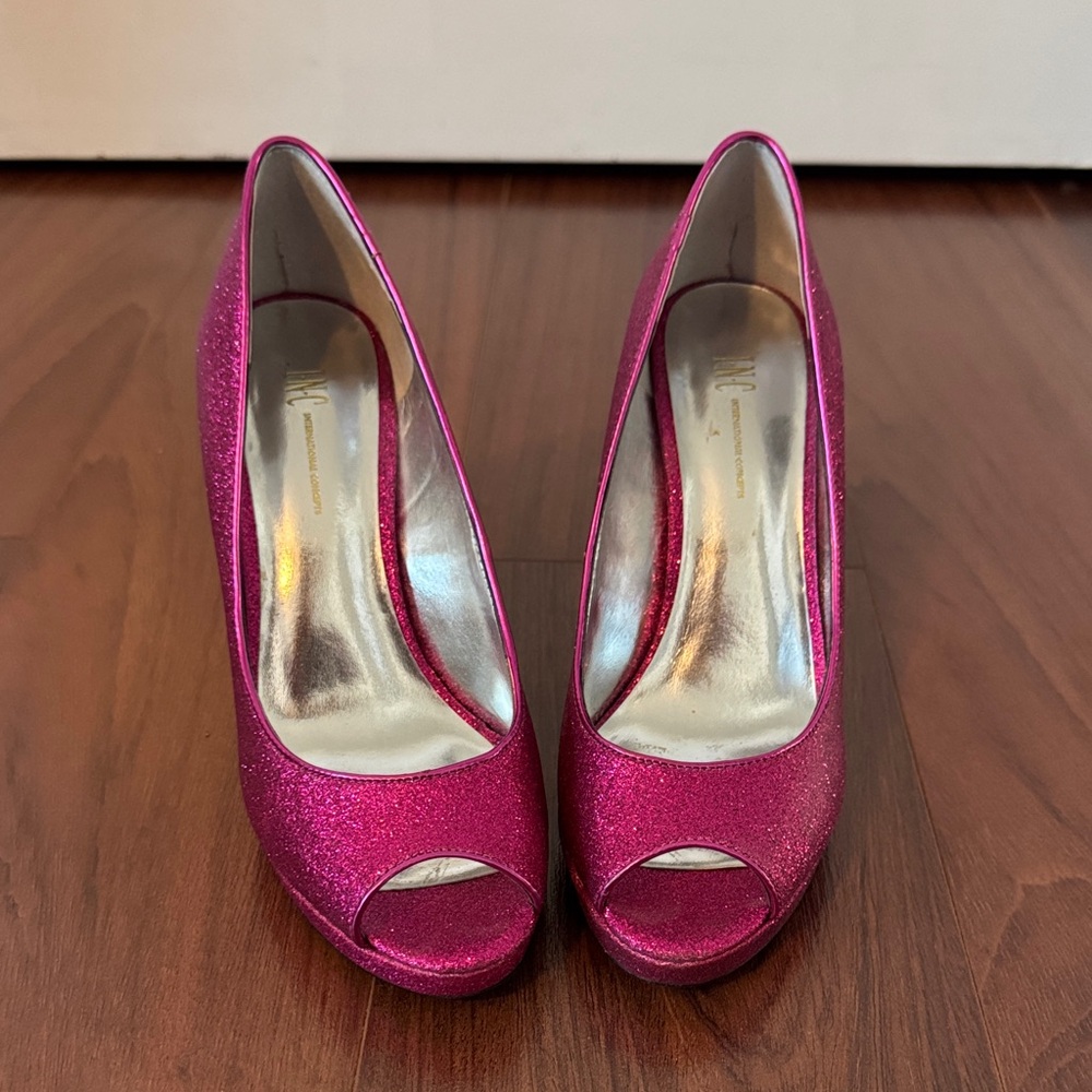 INC International Concepts Pink Glitter Peep-Toe Heels - Picture 2 of 4